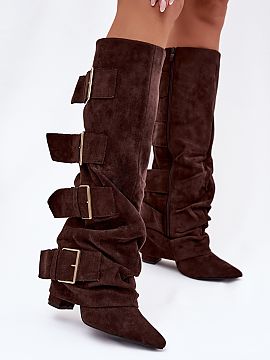 Heeled boots Step in style  Stylish women\'s boots made of faux suede are a combination of elegance and modern look. Set on a column heel, with pointed toes, they empha