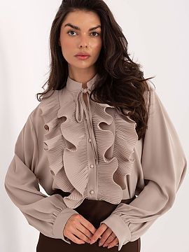 long sleeve shirt Factory Price  This elegant women\'s shirt with a classic cut captivates with a unique detail of a wide, pleated jabot placed on the front, which gives it 