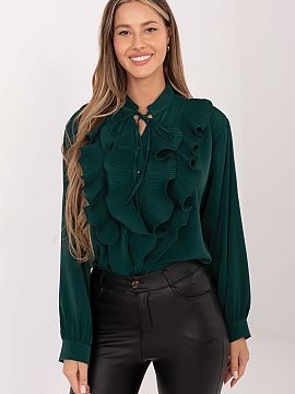 long sleeve shirt Factory Price  This elegant women\'s shirt with a classic cut enchants with a unique detail - a wide, pleated jabot placed on the front, giving it a stylis