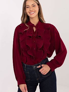 long sleeve shirt Factory Price  This elegant women\'s shirt with a classic cut delights with its exceptional detail of a wide, pleated jabot placed on the front, which give