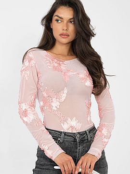 Blouse Italy Moda  Elegant, fitted blouse made of delicate mesh, which subtly emphasizes the silhouette. The model stands out with an elaborate pattern of embr