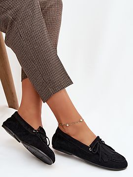 Mocassin Step in style  Women\'s loafers made of soft eco suede look beautiful on the foot. At the front, there are decorative fringes and decorative lacing in the 