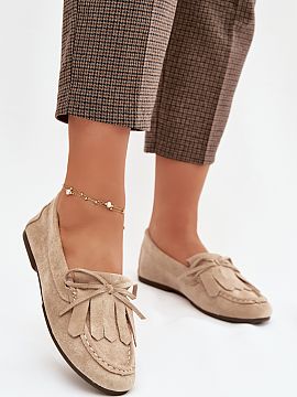 Mocassin Step in style  Women\'s moccasins made of soft eco suede look beautiful on the foot. At the front, there are decorative fringes and a decorative bow tie, w