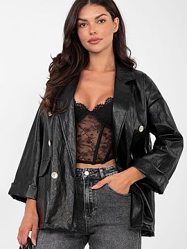Jacket Rue Paris  Stylish women\'s faux leather blazer is a fashionable proposition for casual and office stylizations. Made of high-quality material combinin
