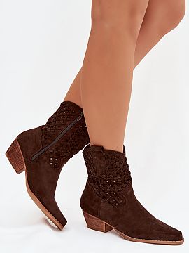 Heeled boots Step in style  Stylish women\'s ankle boots made of eco suede are the perfect choice for the transitional season. The lacy upper gives them lightness and a
