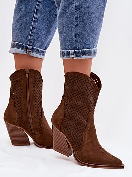 Heeled boots Step in style  Women\'s ankle boots made of eco suede are a stylish proposal for the transitional period. The lacy finish of the upper adds lightness and a