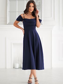 Evening dress Bicotone  An elegant navy blue midi dress. Draped top with falling sleeves and thin straps accentuate the feminine style, while the flared bottom adds