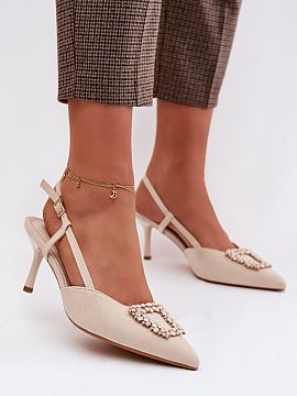 Heel sandals Step in style  Elegant women\'s sandals made of eco suede are a stylish proposition for special occasions. The slender stiletto heel and pointed toes beaut
