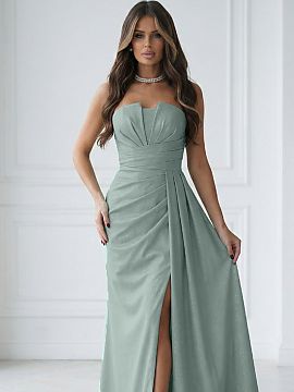 Long dress Bicotone  The dazzling mint evening dress, made of subtly shimmering fabric, fastened with a concealed zipper. The modern corset with eye-catching ple