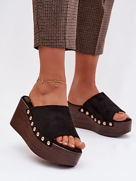 Slippers Step in style  Women\'s sandals made of eco suede are a stylish proposition for everyday wear. The wedge heel combined with the platform provides stability