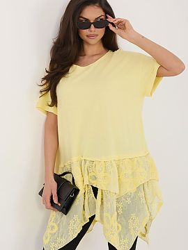 Blouse Italy Moda  Unique women\'s boho style blouse that combines comfort with subtle, feminine elegance. The longer cut model has a classic, round neckline a