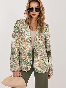 Blazer Italy Moda  An elegant women\'s blazer of standard length, designed with style and comfort in mind. The model stands out with a striking floral print th