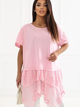 Blouse Italy Moda  Unique women\'s boho style blouse that combines comfort with subtle, feminine elegance. The longer cut model features a classic, round neckl