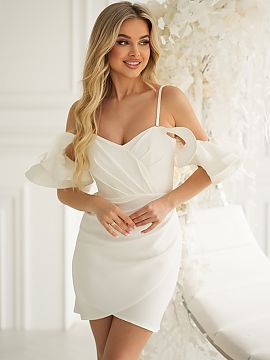 Cocktail dress Bicotone  An elegant mini dress with a sculptural shoulder line. The fitted cut with a pleated neckline and asymmetrical hem highlights the silhouette