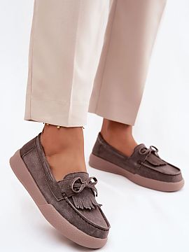 Mocassin Step in style  Women\'s moccasins made of natural suede on a platform are a stylish and comfortable option for everyday wear. The platform gently lifts the