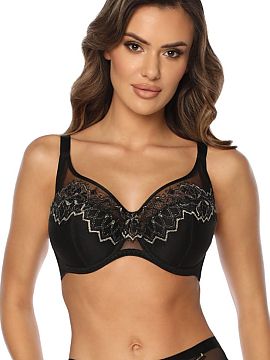 Semi-soft Kinga  The semi-soft Shimmer Sophie BC-1074 bra in black is made of a combination of flexible mesh and lace decorated with subtle, golden thread. T