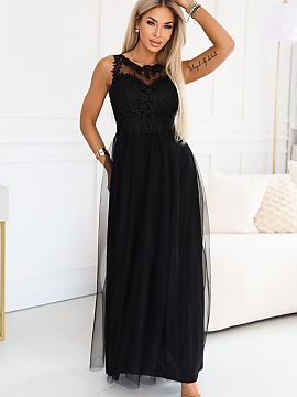 Long gown Numoco  Imagine entering the room when the light emphasizes the black color, and the tulle bottom moves with every step. This black maxi dress will 