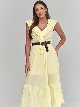 Daydress Makadamia  This women\'s midi dress is the perfect combination of feminine style and comfort. The flowing silhouette, subtle details, and included belt