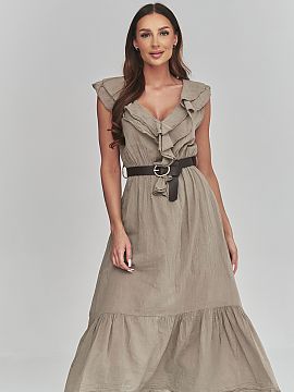 Daydress Makadamia  This women\'s midi dress is a perfect combination of feminine style and comfort. The flowing silhouette, subtle details, and included belt m