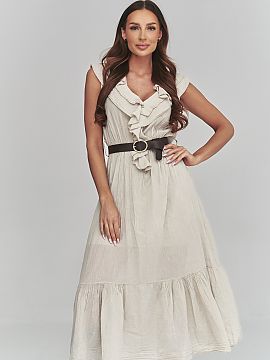 Daydress Makadamia  This midi dress for women is a perfect combination of feminine style and comfort. The flowy silhouette, subtle details, and included belt ma