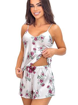Pyjama Donna  Satin women\'s pajamas Julia 1/2 in a floral pattern is an elegant and feminine set that combines the lightness of the fabric with a romanti