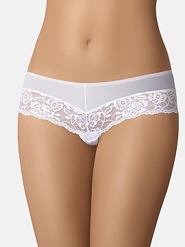 Brazilian style panties Teyli  Panties made of cotton and lace in a Brazilian cut in white color, perfectly highlight the buttocks. The bottom is finished with lace with a