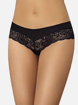 Brazilian style panties Teyli  Panties made of cotton and lace, black Brazilian briefs. They perfectly highlight the buttocks. The bottom is made of lace with a plant moti