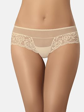 Brazilian style panties Teyli  Women\'s thong in a flesh tone color. Brazilian panties made of delicate, high-quality lace that delights with its floral pattern and is ext