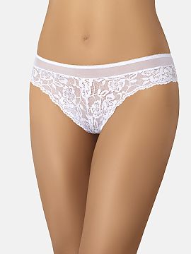 Brazilian style panties Teyli  Ladies\' white lace panties. Brazilian panties are made of lace with a rose motif. The lace is combined with a dense mesh that adorns the fr