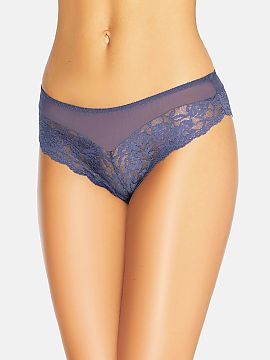 Brazilian style panties Teyli  Transparent navy lace panties with a delicate plant motif. The lace is combined with mesh sewn in front and back at the waist. The panties b