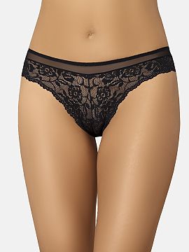Brazilian style panties Teyli  Women\'s lace panties in black, made of lace with an eye-catching floral motif, which is combined with a pleasant to touch mesh sewn at the 