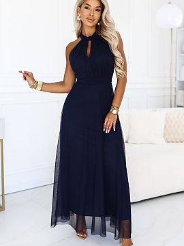 Long dress Numoco  Imagine an evening when you want to look elegant, but feel light and comfortable. This navy blue maxi dress hugs the silhouette at the waist