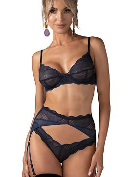 Sexy set Obsessive  The three-piece Nightly Blue set combines classic elegance with a modern character. The set includes a bra, mini panties, and a garter belt 