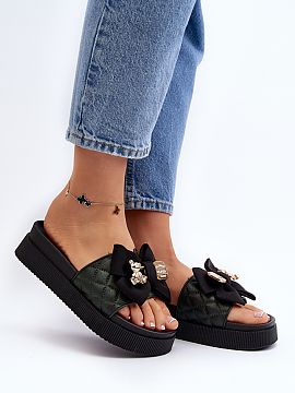 Platform sandals Step in style  Women\'s slippers made of eco leather. Set on a massive platform. This model has a fabric bow and an imitation of a clasp with a bear and a 