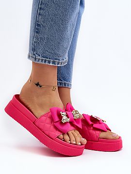 Platform sandals Step in style  Women\'s sandals made of eco leather. Set on a massive platform. This model has a fabric bow and an imitation of a buckle with a bear and a 