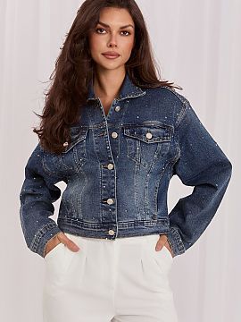 Denim jacket Italy Moda  Stylish women\'s denim jacket is a timeless wardrobe piece that perfectly complements everyday outfits. The decorative jet application gives
