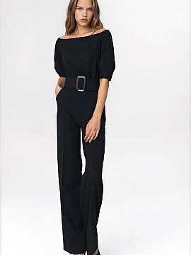 Suit Nife  Black women\'s jumpsuit is a perfect alternative to classic office styling. The sensual cold-shoulder cut beautifully exposes the shoulder l