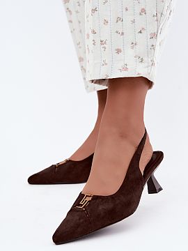 Block heel pumps Step in style  Women\'s pumps made of eco suede with an open heel are an elegant model that beautifully accentuates the feminine style. The suede finish gi