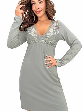 Nightshirt Donna  Women\'s nightshirt with long sleeves in olive Ramona II is a feminine proposal combining an elegant look with comfort during sleep and even
