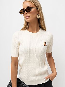 Short sleeve sweater Italy Moda  Women\'s sweater with embroidered teddy bear is a charming and versatile proposal, which will work great in both everyday stylizations and w