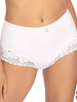 Panties Róża  Full, built-up figs Gizela in classic white color. The model ensures a comfortable fit and comfort during wear, and the bottom is adorned wi