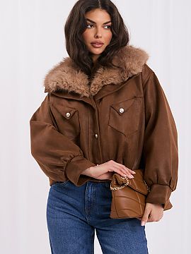 Jacket Italy Moda  Stylish women\'s suede bomber jacket is a fashionable proposal for the autumn transitional season. The short, smooth cut in a casual style s