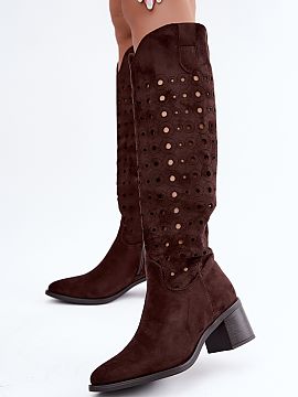 Heel boots Step in style  Women\'s boots from the Jezzi brand made of eco suede are an elegant model distinguished by a decorative, lacy finish of the upper. The cuto