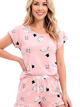 Pyjama Donna  Women\'s Christmas pajamas Snowman Short is a comfortable set made of delicate, skin-friendly cotton. Maintained in a powdery pink color sch