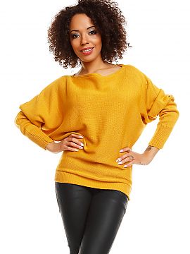 Bat style blouse PeeKaBoo  Short, oversize kimono sweater. Bottom and sleeves finished with a welt. Boat neckline, long sleeves.  Loose cut and a wide neckline allows 