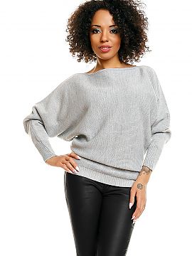 Bat style blouse PeeKaBoo  Short, oversize kimono sweater. Bottom and sleeves finished with a welt. Boat neckline, long sleeves.  Loose cut and a wide neckline allows 