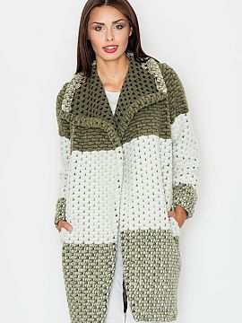 Coat Figl  Coat in a fashionable combination of colors made with thick weave. Loose-fitting cut with freely falling edges, without a fastener. Straight