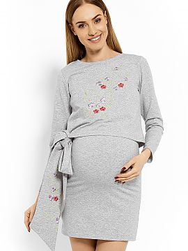 Pregnancy dress PeeKaBoo  Fitted tunic dress. Two layers for discreet feeding. Floral embroidery. Tied sash on the side. Can also be worn after pregnancy. High-qualit