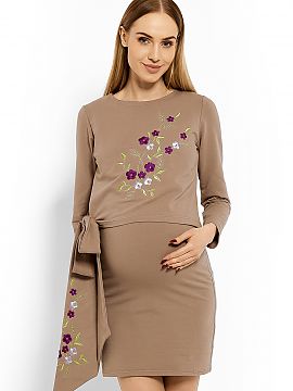 Pregnancy dress PeeKaBoo  Fitted tunic dress. Two layers for discreet feeding. Floral embroidery. Tied sash on the side. Can also be worn after pregnancy. High-qualit