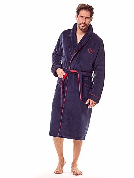 Bathrobe Henderson  Exclusive bathrobe with shawl collar, by Henderson. Extremely soft and truly masculine. Dark navy blue, decorated with red piping. Embroider